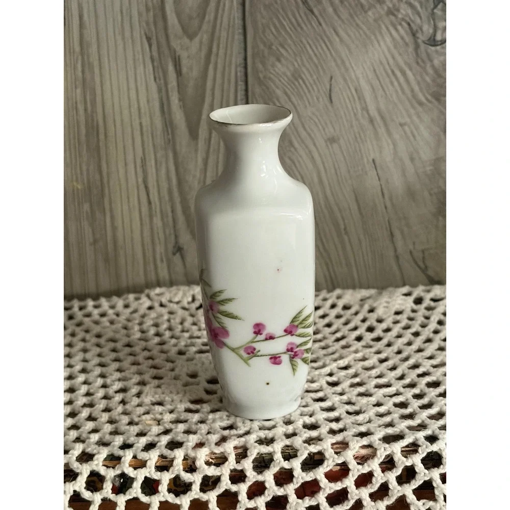 Vintage Miniature Porcelain Bud Vase Pink Cherry Blossom Floral Gold Trim 4.25